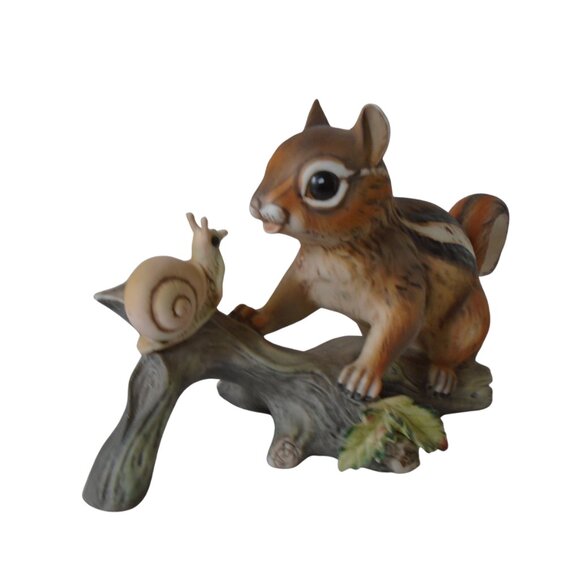 Vintage 1980 Chipmunk and Snail Bisque Porcelain Figurine Masterpiece by Homco - Picture 1 of 10